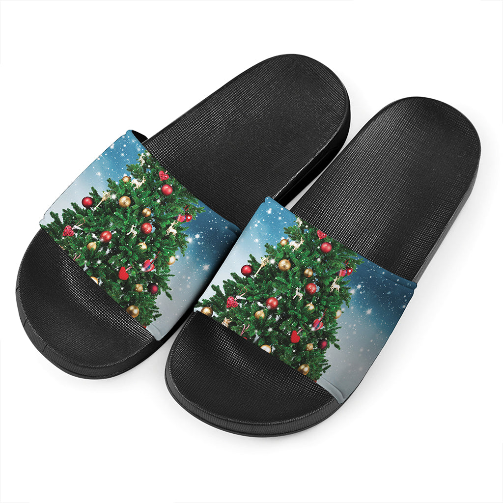 Christmas Tree And Snow Print Black Slide Sandals