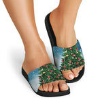 Christmas Tree And Snow Print Black Slide Sandals