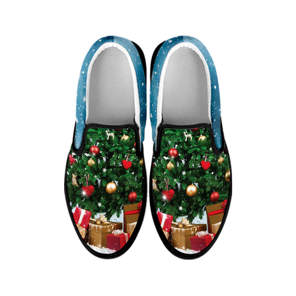 Christmas Tree And Snow Print Black Slip On Shoes