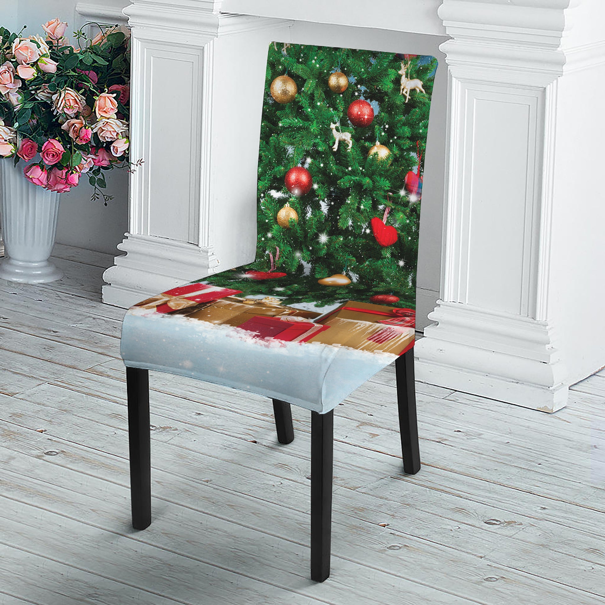 Christmas Tree And Snow Print Dining Chair Slipcover