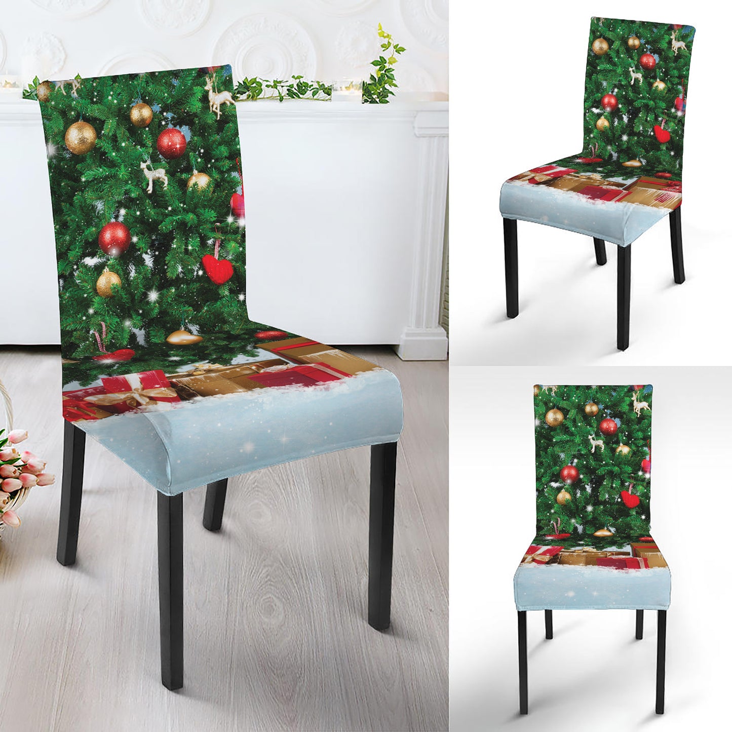 Christmas Tree And Snow Print Dining Chair Slipcover
