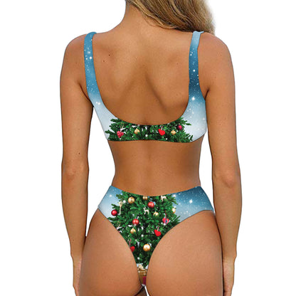 Christmas Tree And Snow Print Front Bow Tie Bikini