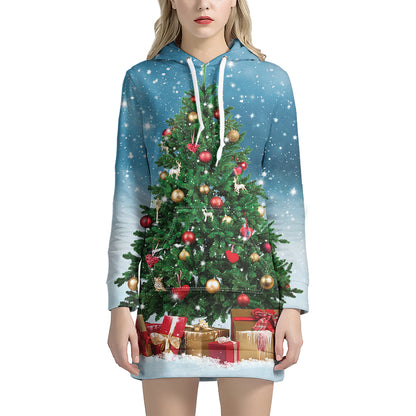 Christmas Tree And Snow Print Hoodie Dress