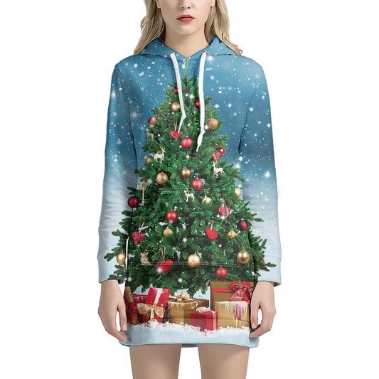 Christmas Tree And Snow Print Hoodie Dress