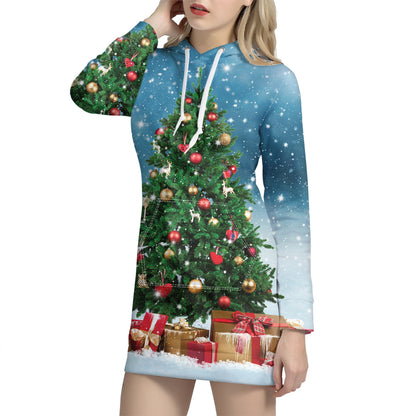 Christmas Tree And Snow Print Hoodie Dress