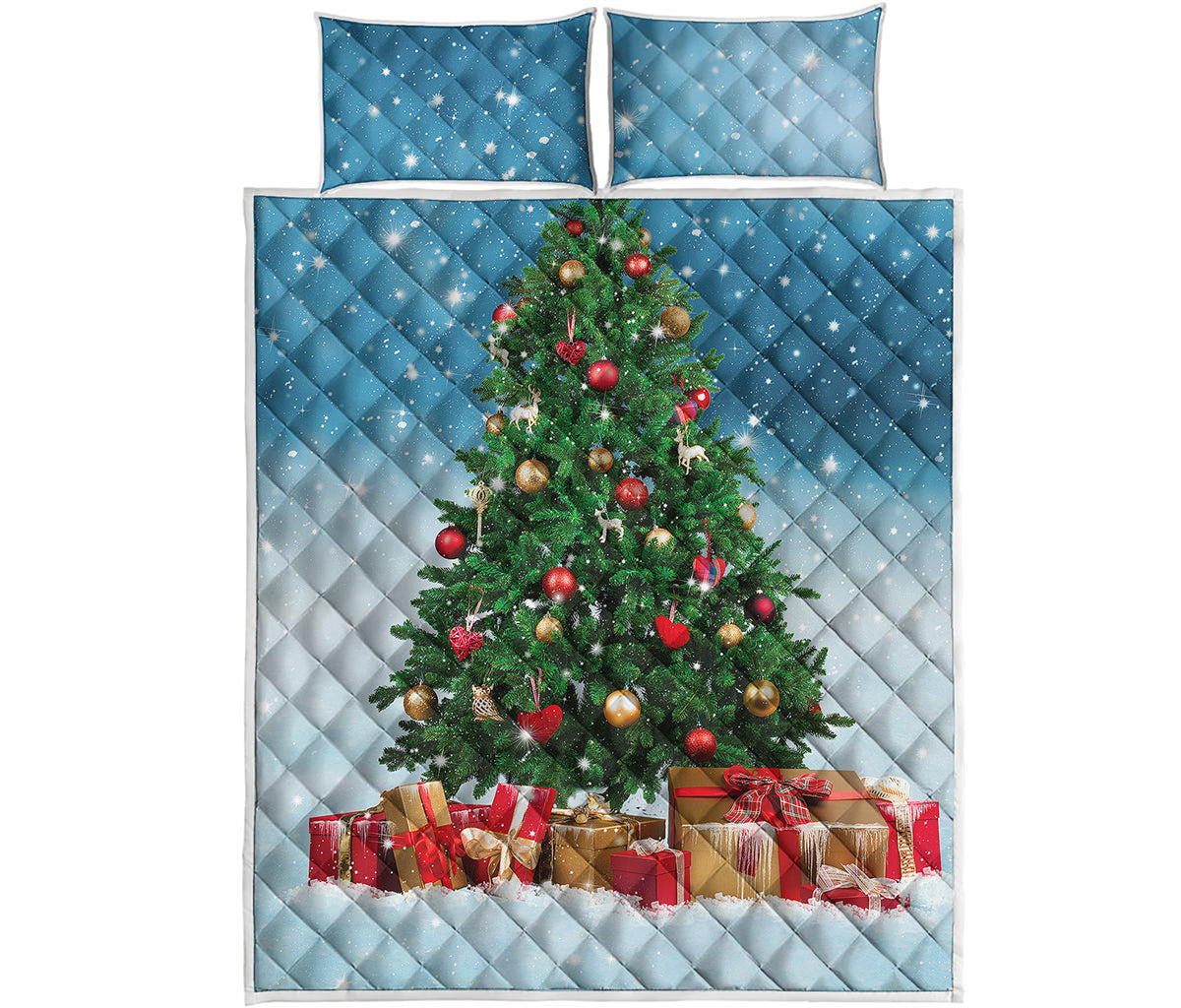 Christmas Tree And Snow Print Quilt Bed Set