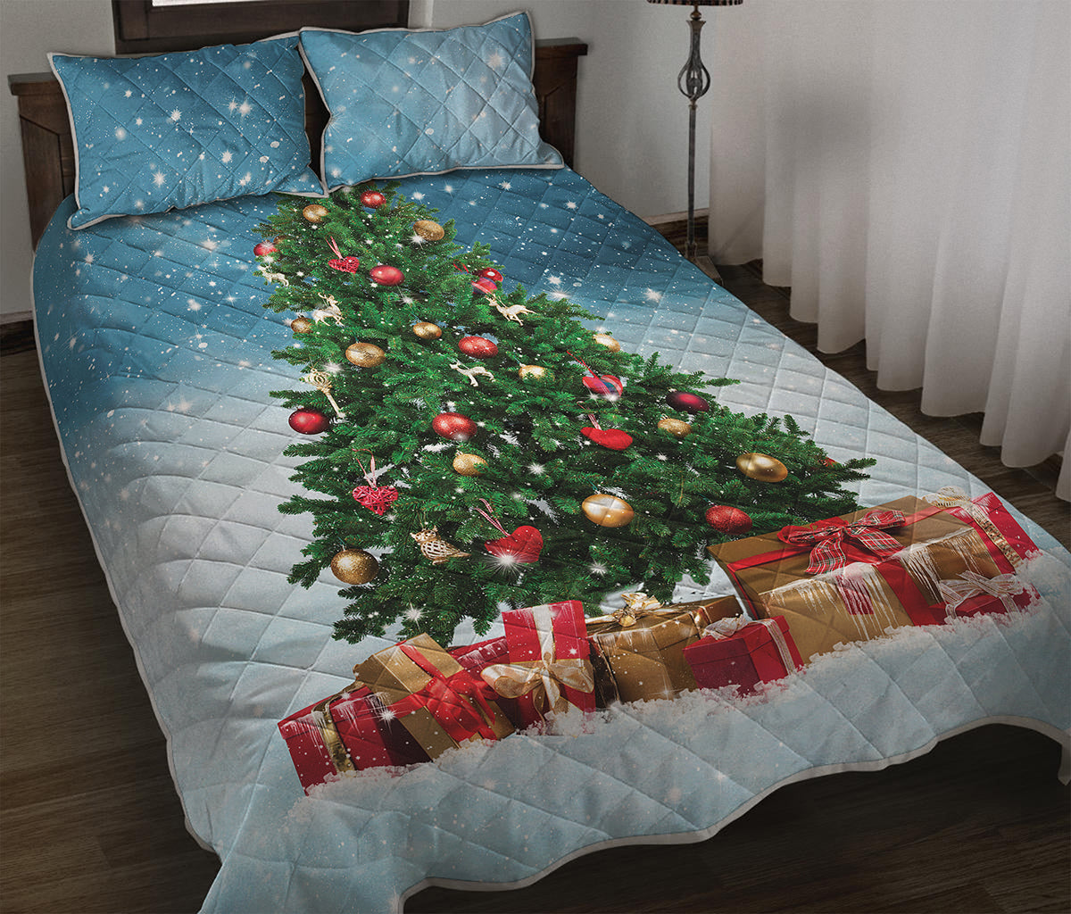 Christmas Tree And Snow Print Quilt Bed Set