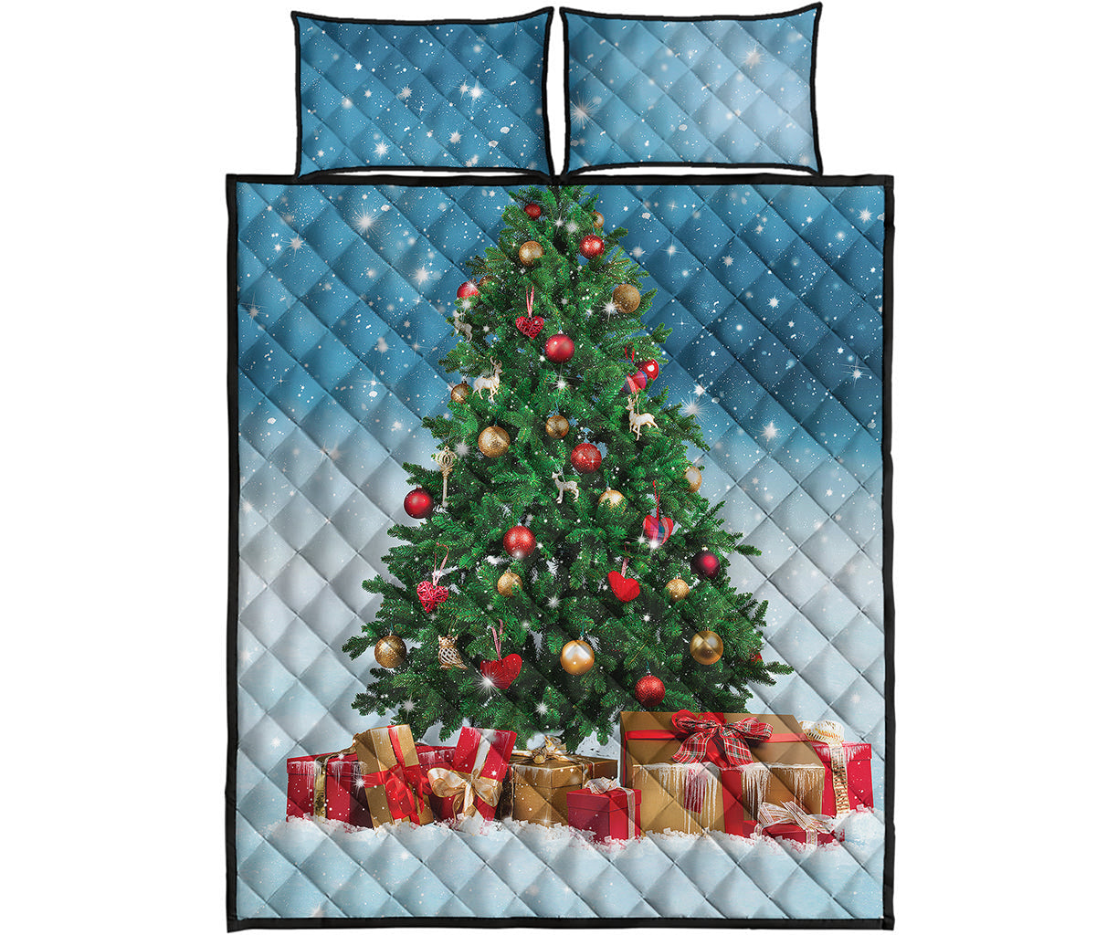 Christmas Tree And Snow Print Quilt Bed Set