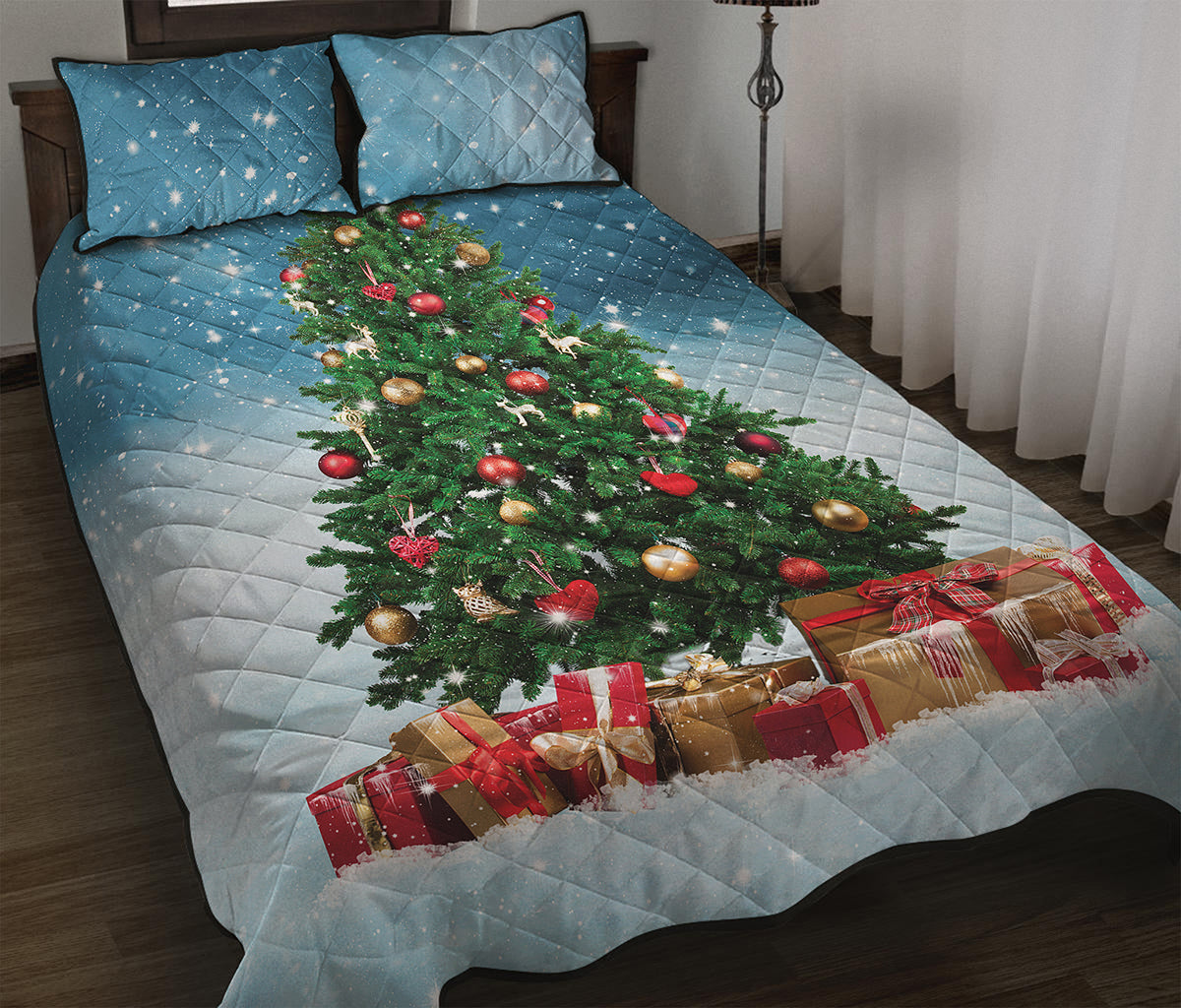 Christmas Tree And Snow Print Quilt Bed Set