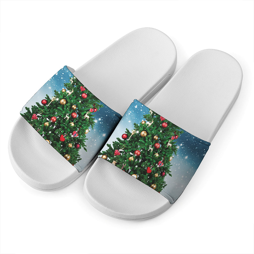 Christmas Tree And Snow Print White Slide Sandals