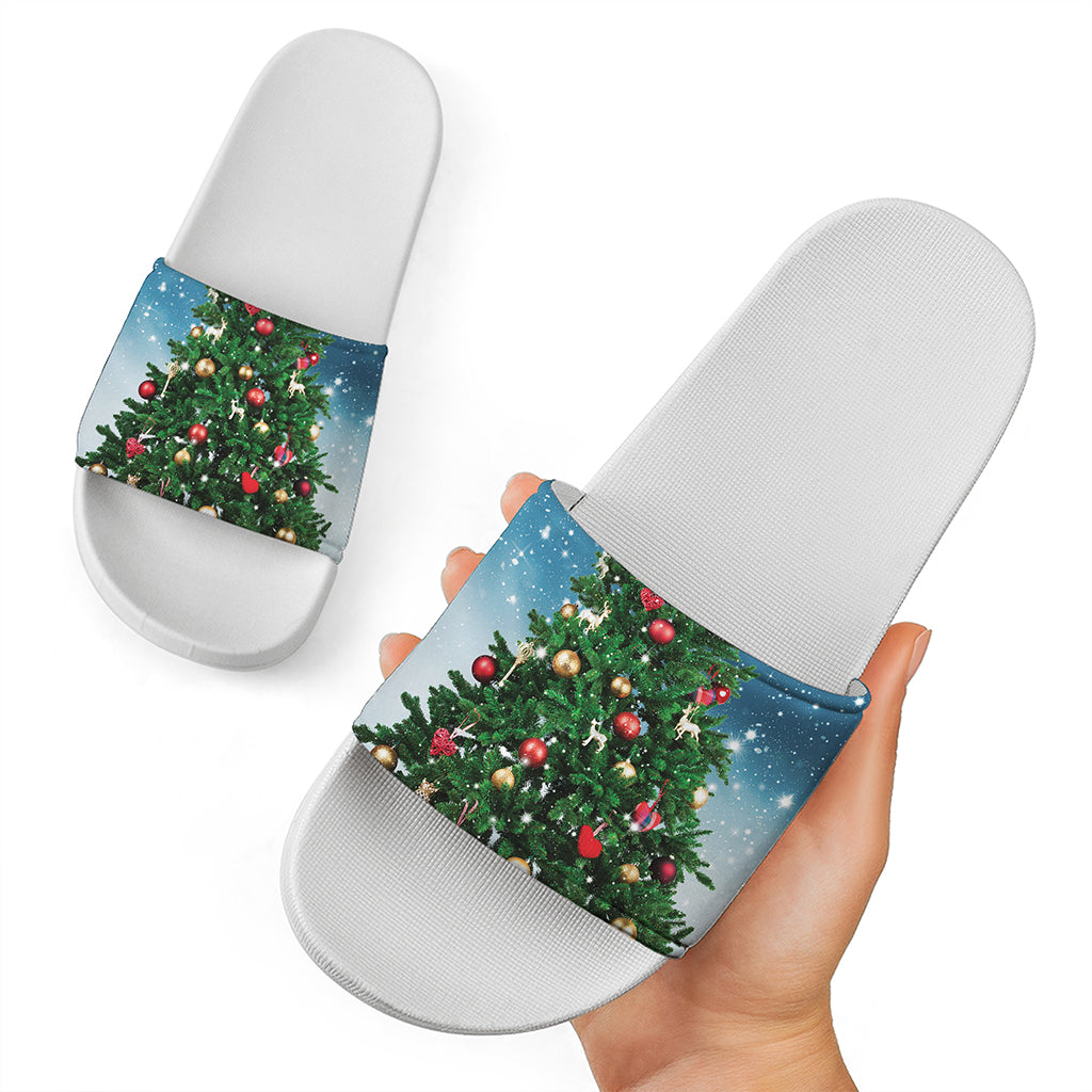 Christmas Tree And Snow Print White Slide Sandals