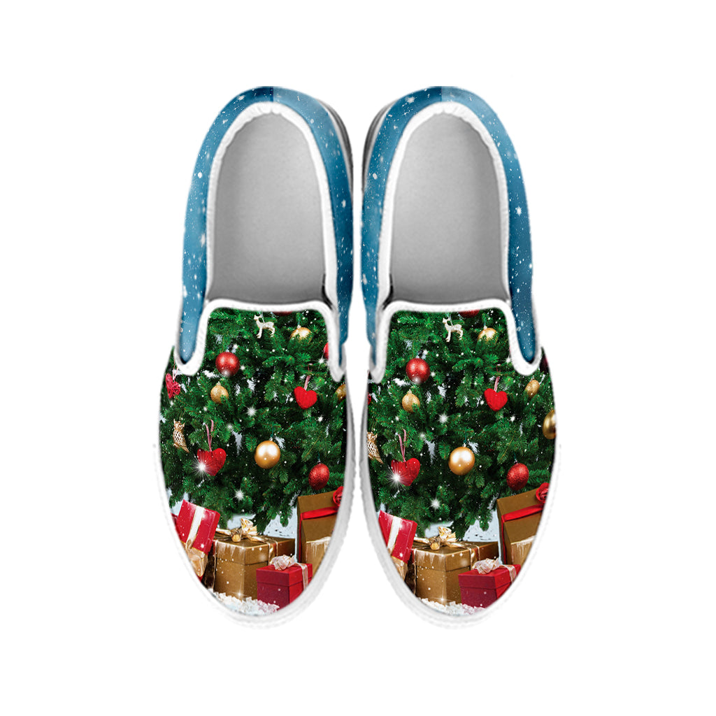 Christmas Tree And Snow Print White Slip On Shoes