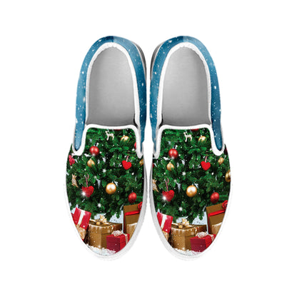 Christmas Tree And Snow Print White Slip On Shoes