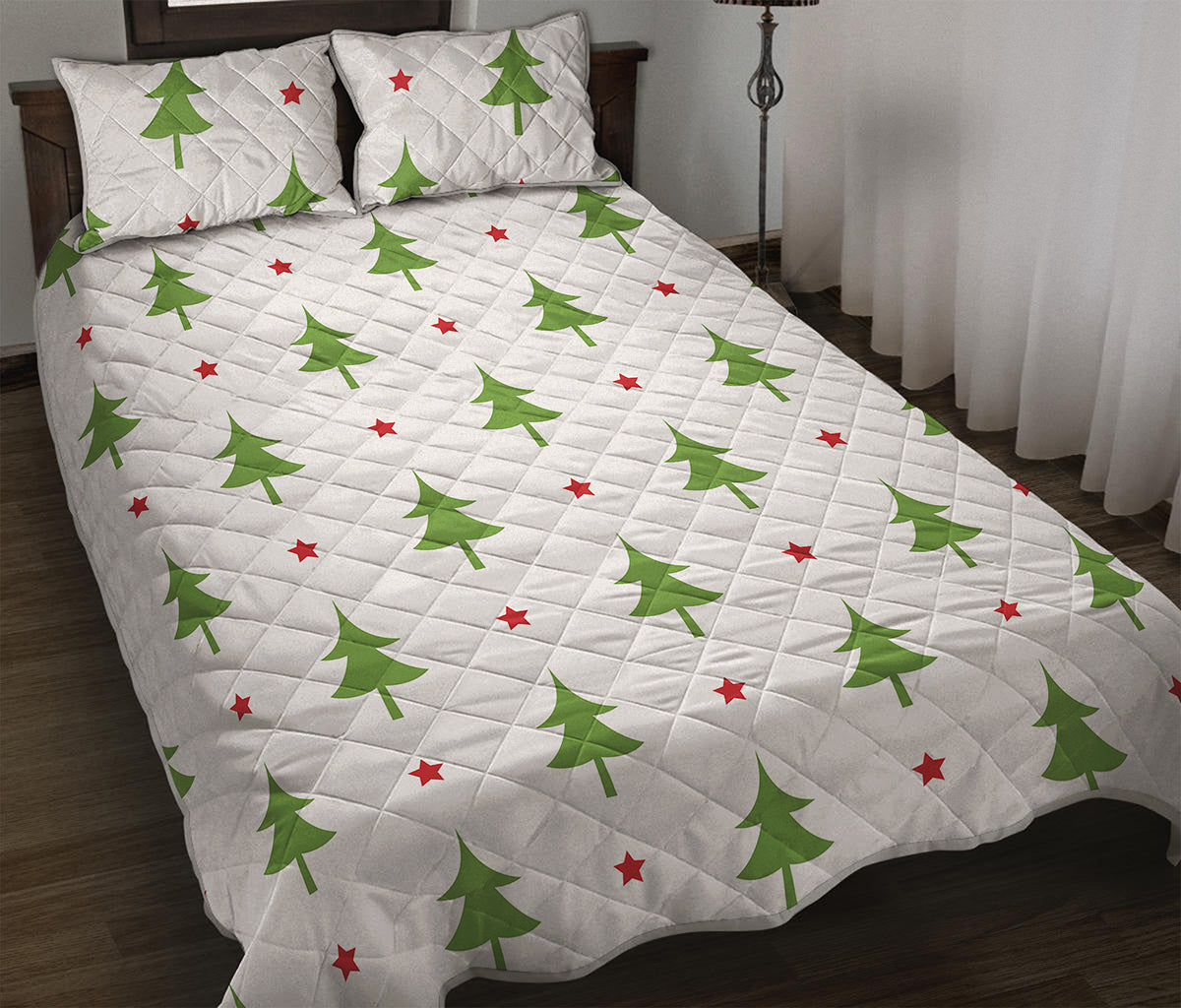 Christmas Tree And Star Pattern Print Quilt Bed Set