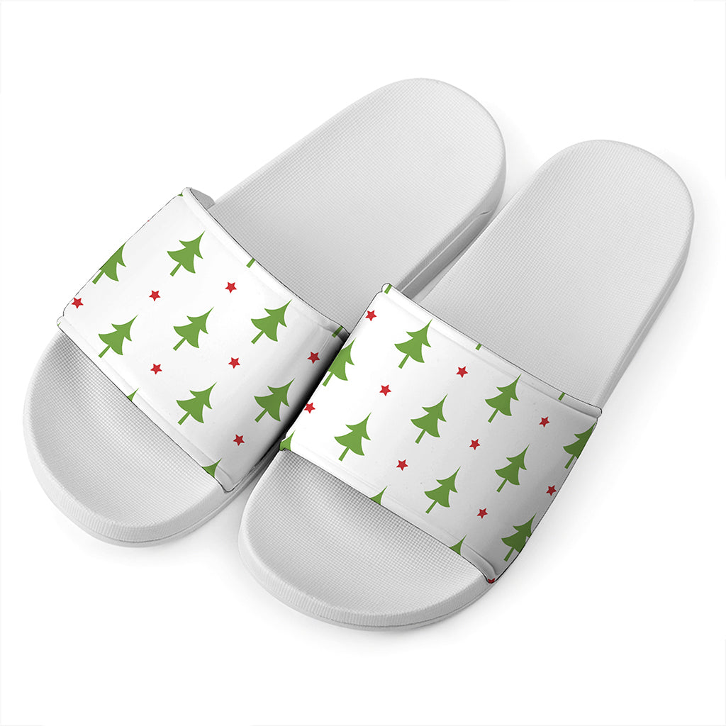 Christmas Tree And Star Pattern Print White Slide Sandals
