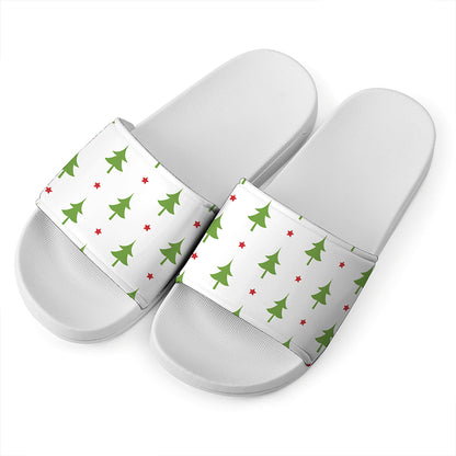 Christmas Tree And Star Pattern Print White Slide Sandals