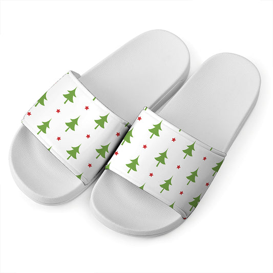 Christmas Tree And Star Pattern Print White Slide Sandals
