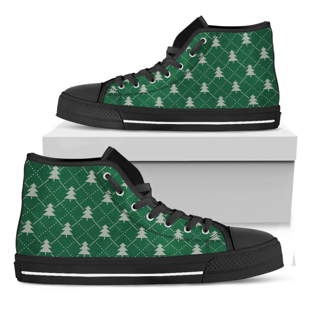 Christmas Tree Knitted Pattern Print Black High Top Shoes