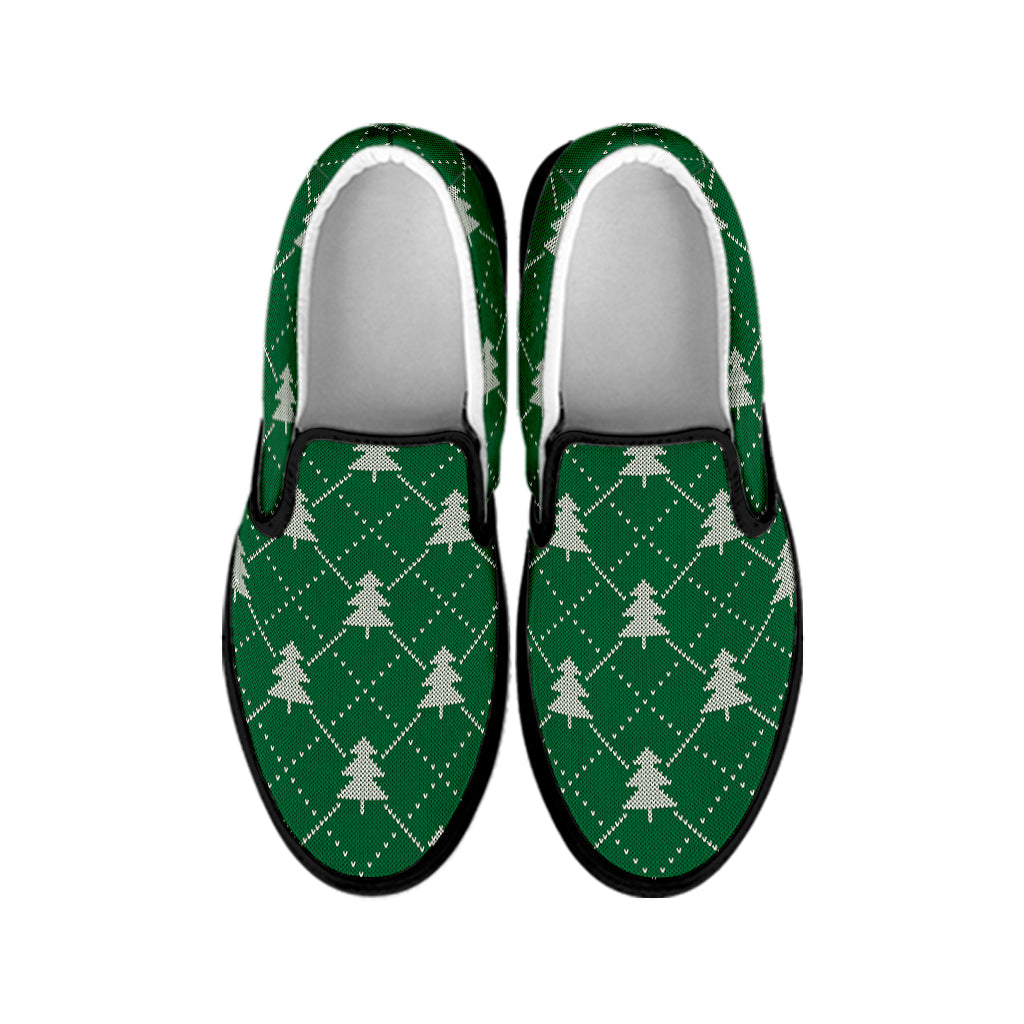 Christmas Tree Knitted Pattern Print Black Slip On Shoes