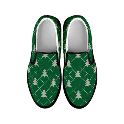 Christmas Tree Knitted Pattern Print Black Slip On Shoes