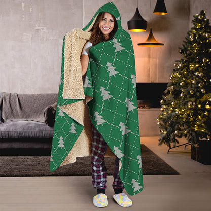 Christmas Tree Knitted Pattern Print Hooded Blanket