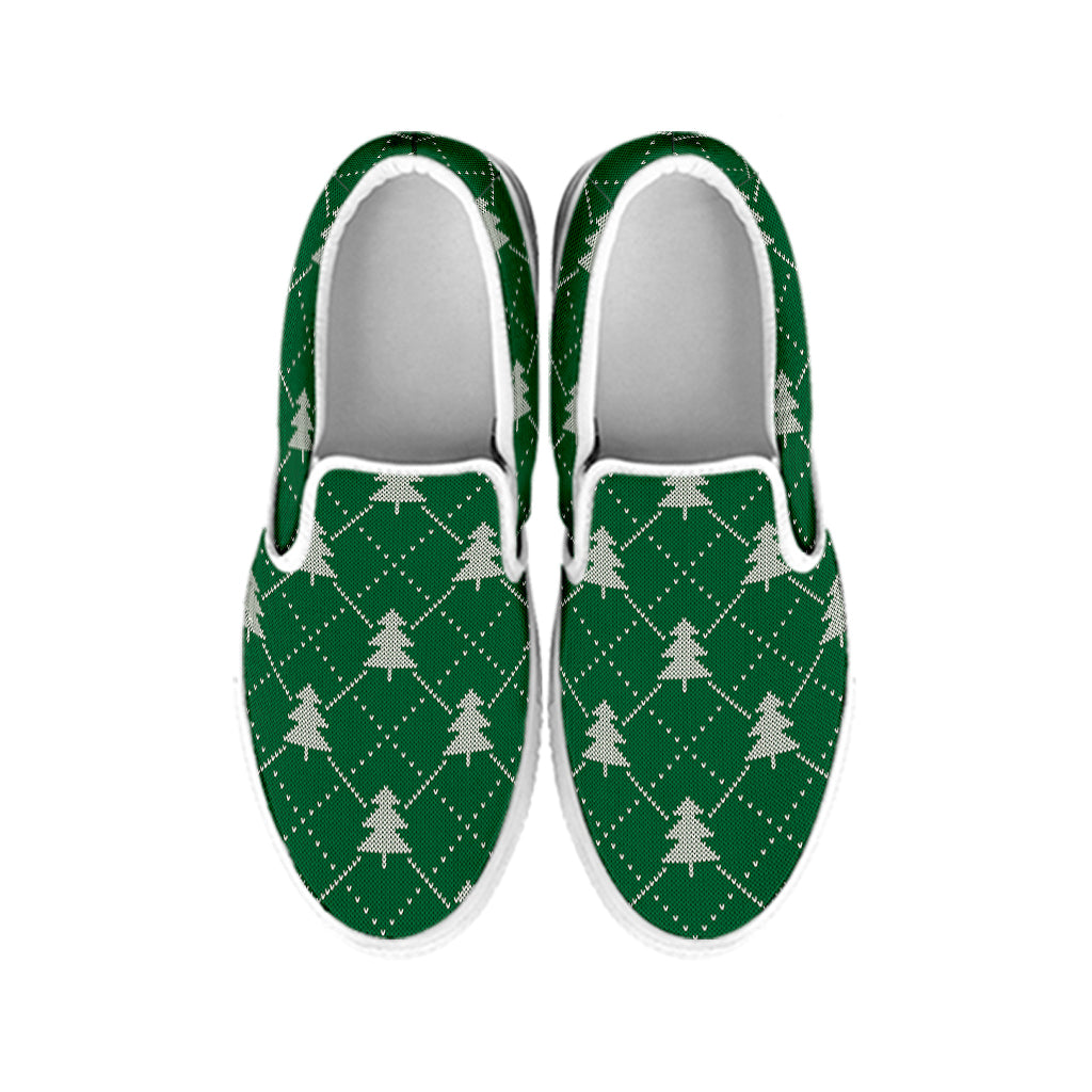 Christmas Tree Knitted Pattern Print White Slip On Shoes