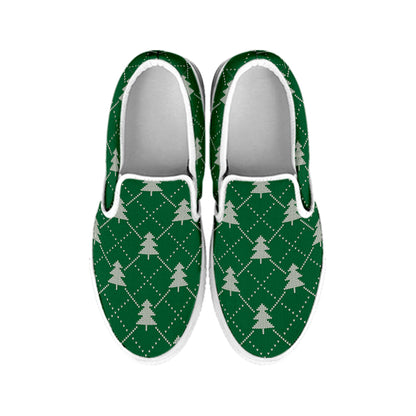 Christmas Tree Knitted Pattern Print White Slip On Shoes