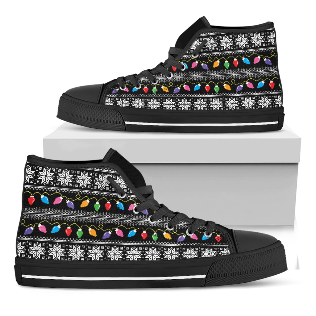 Christmas Tree Lights Print Black High Top Shoes