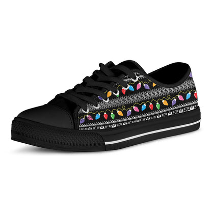 Christmas Tree Lights Print Black Low Top Shoes