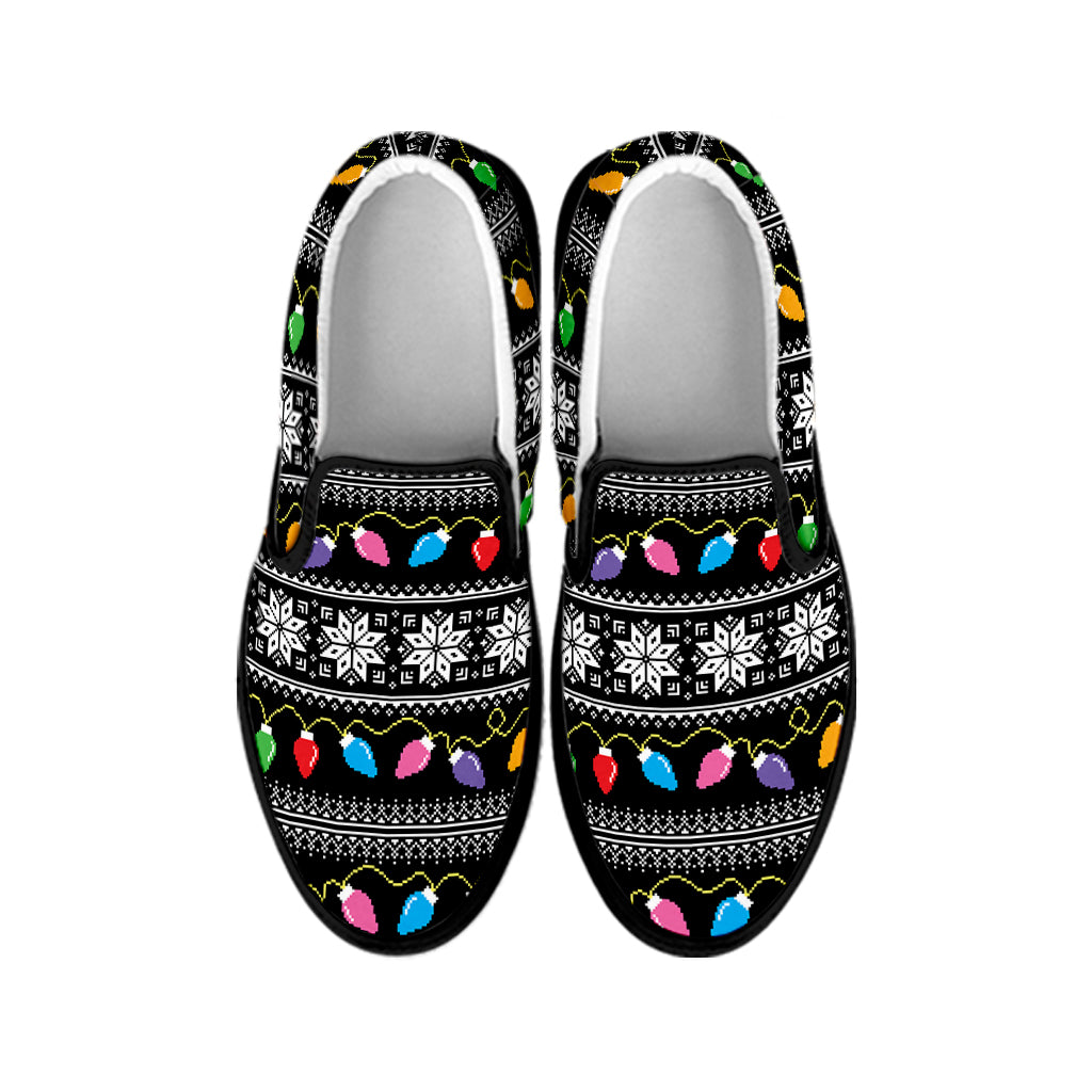 Christmas Tree Lights Print Black Slip On Shoes