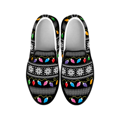Christmas Tree Lights Print Black Slip On Shoes