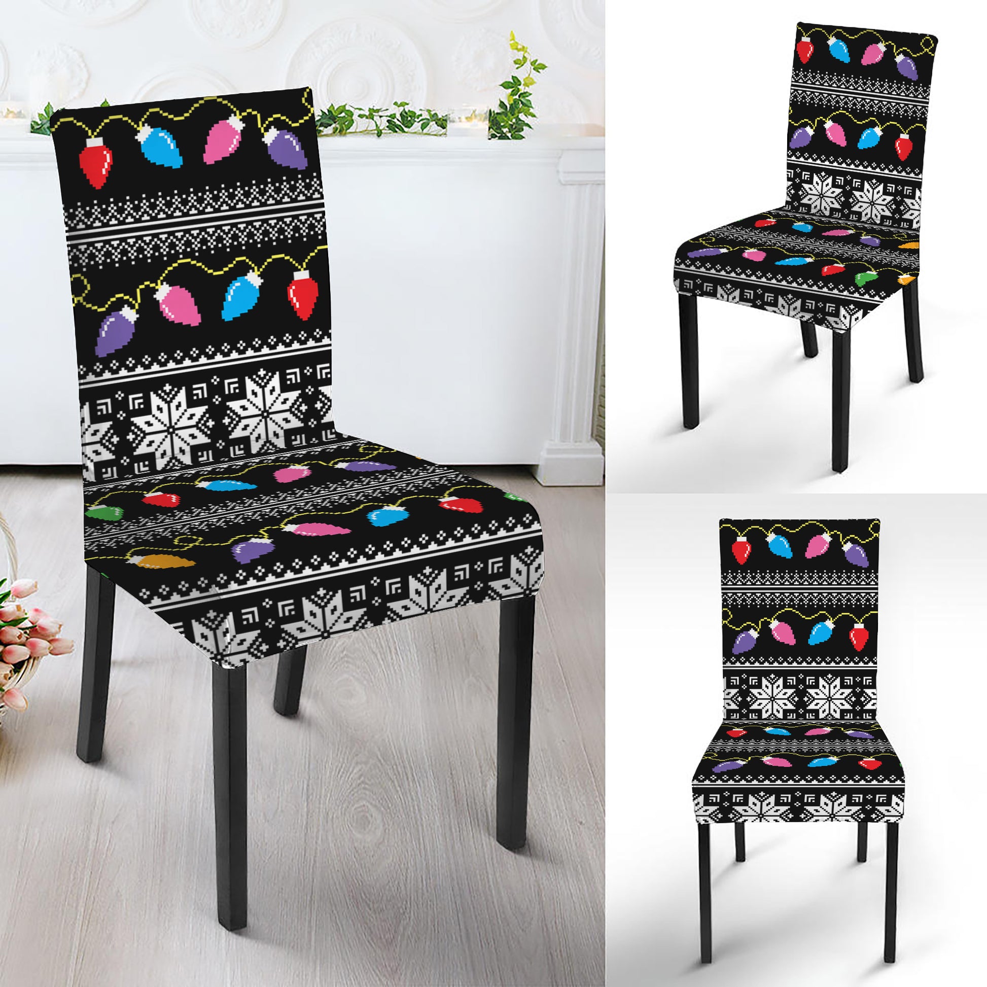 Christmas Tree Lights Print Dining Chair Slipcover