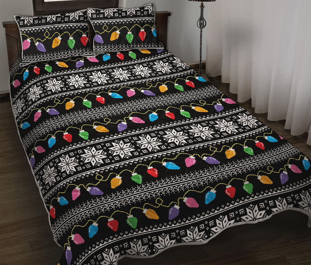 Christmas Tree Lights Print Quilt Bed Set