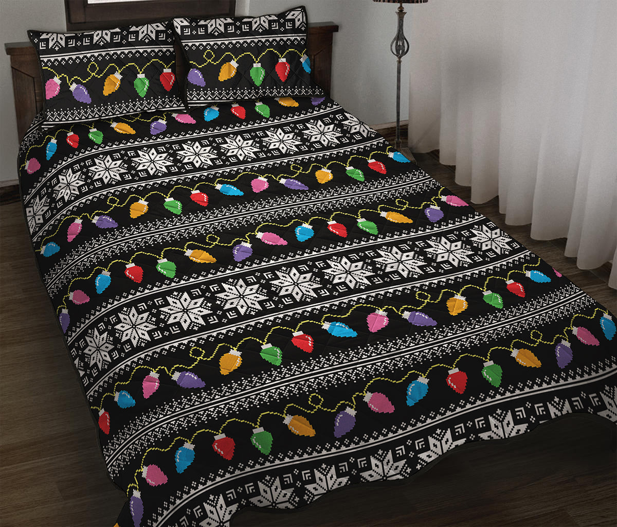 Christmas Tree Lights Print Quilt Bed Set