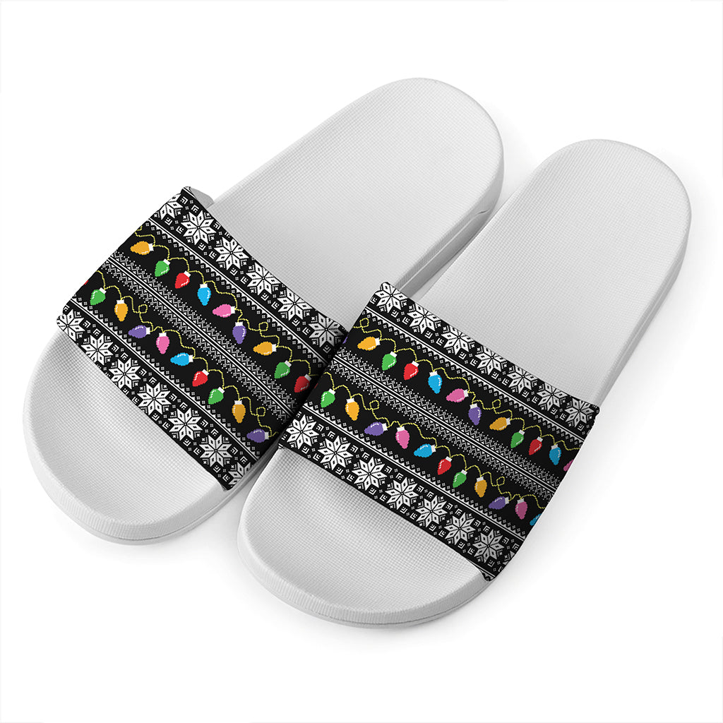 Christmas Tree Lights Print White Slide Sandals