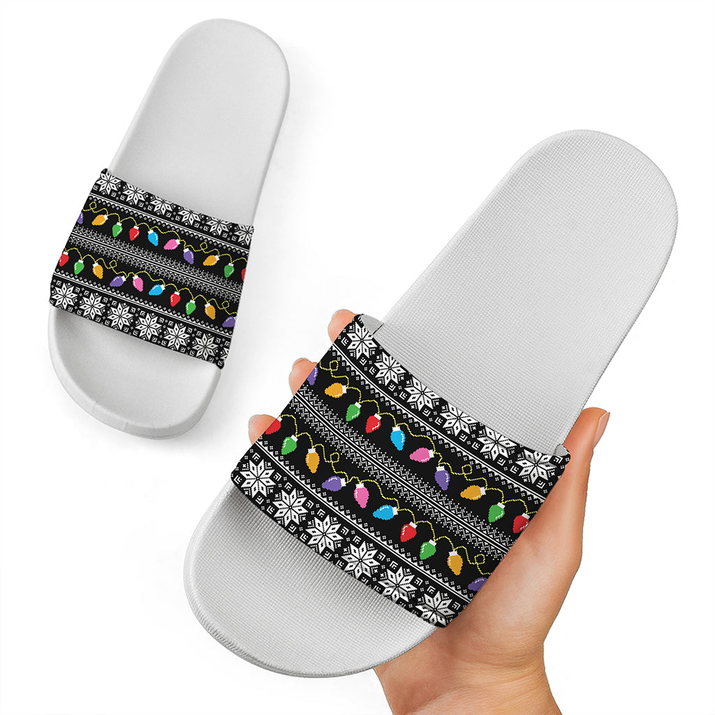 Christmas Tree Lights Print White Slide Sandals