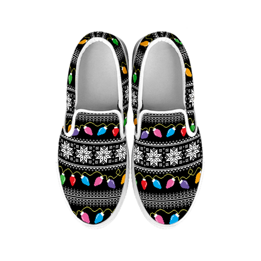 Christmas Tree Lights Print White Slip On Shoes