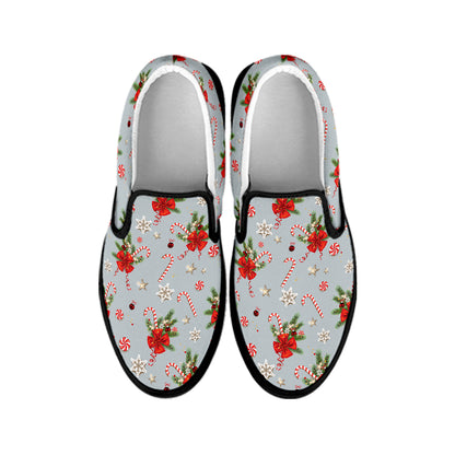 Christmas Winter Holiday Pattern Print Black Slip On Shoes