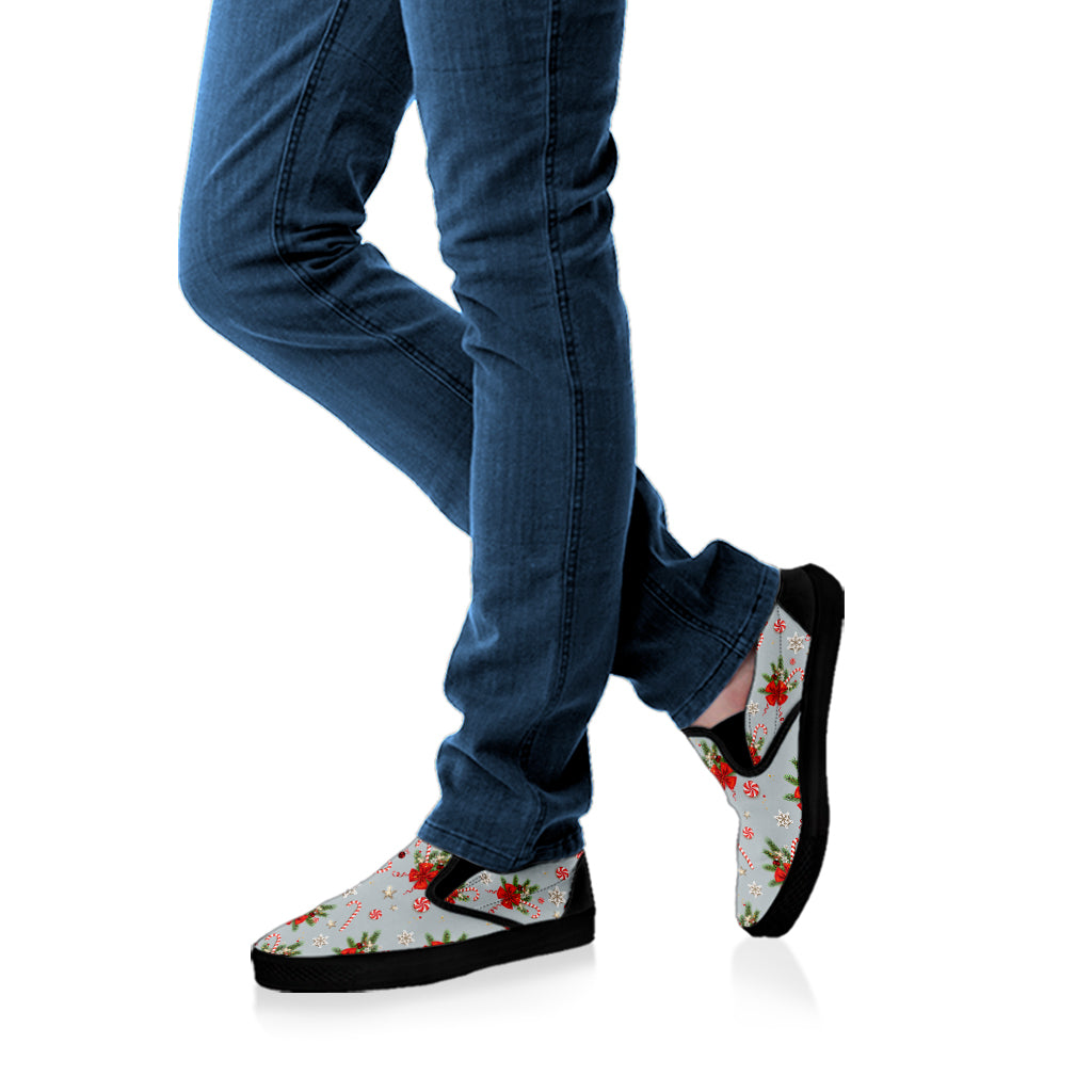 Christmas Winter Holiday Pattern Print Black Slip On Shoes