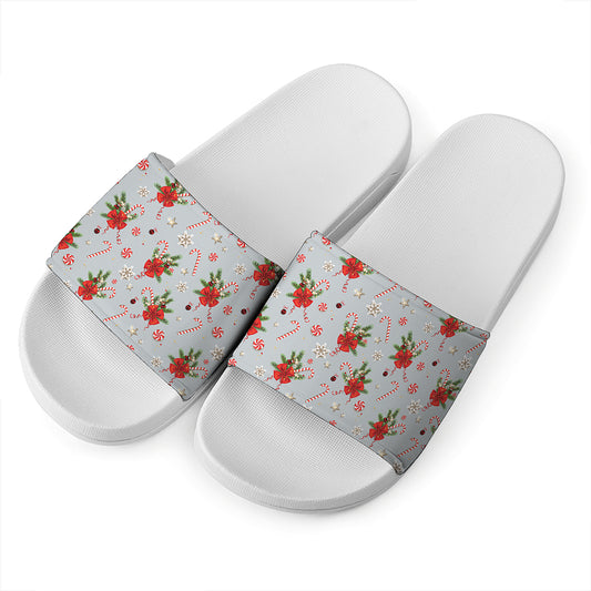 Christmas Winter Holiday Pattern Print White Slide Sandals
