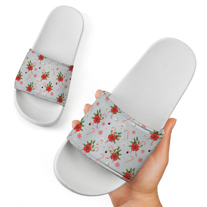 Christmas Winter Holiday Pattern Print White Slide Sandals
