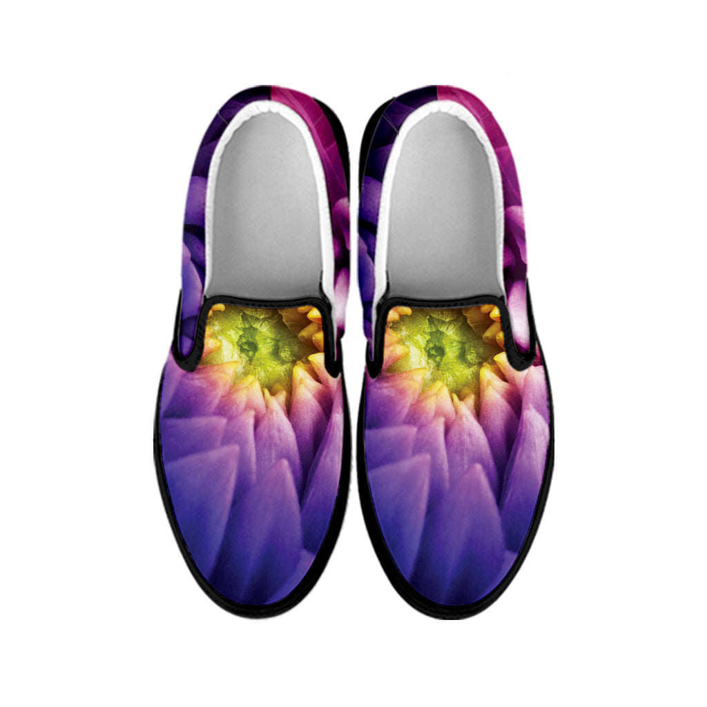 Chrysanthemum Flower Print Black Slip On Shoes