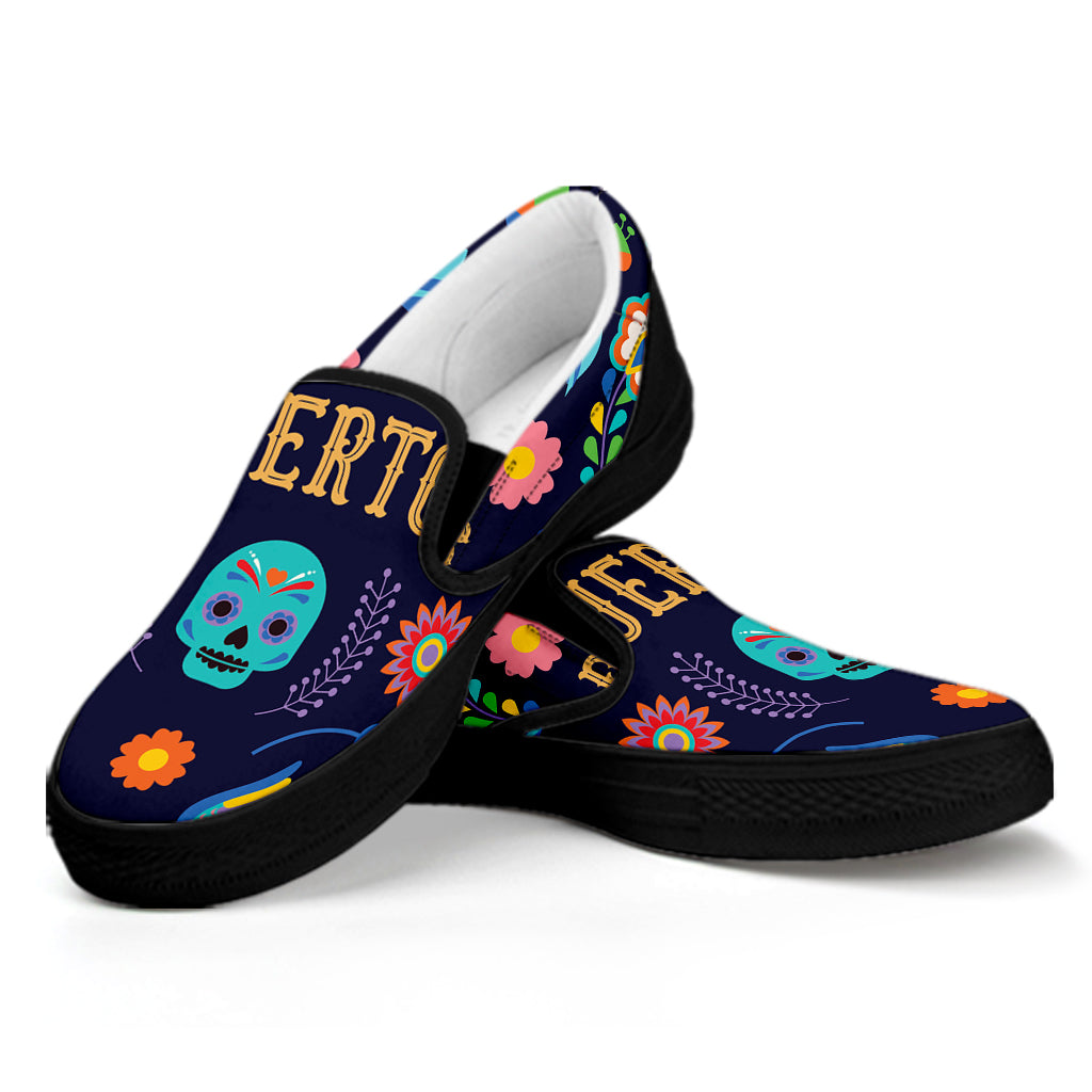 Cinco de Mayo Day Of The Dead Print Black Slip On Shoes