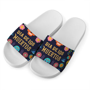 Cinco de Mayo Day Of The Dead Print White Slide Sandals