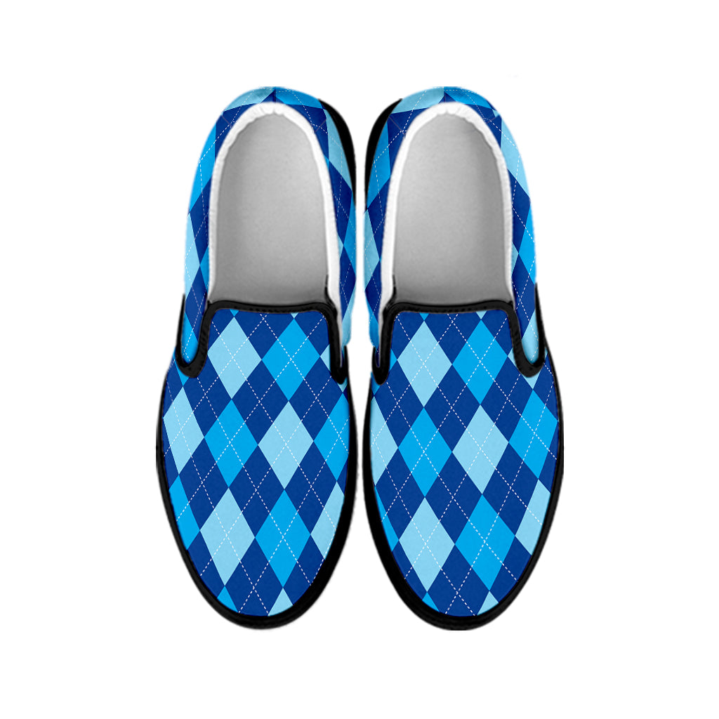 Classic Blue Argyle Pattern Print Black Slip On Shoes