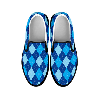 Classic Blue Argyle Pattern Print Black Slip On Shoes