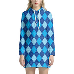 Classic Blue Argyle Pattern Print Hoodie Dress