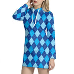Classic Blue Argyle Pattern Print Hoodie Dress