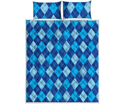 Classic Blue Argyle Pattern Print Quilt Bed Set