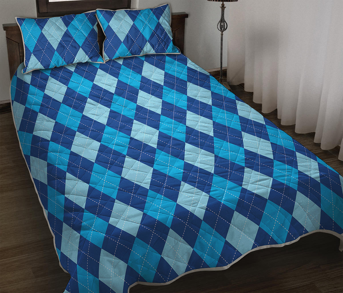 Classic Blue Argyle Pattern Print Quilt Bed Set